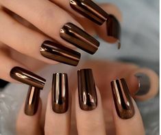 24PCS Dark Shiny Brown Long Square Press on Nails Nail Kits, Brown Nails Design, Metallic Nail, Metallic Nail Polish, Hocking Hills, Shiny Nails, Sticky Pads, Long Acrylic