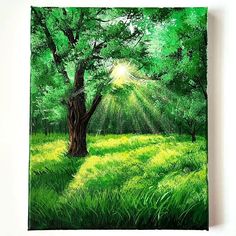 a painting of a green field with trees and sun shining through the leaves on it