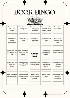 a printable book bingo game with the words,'book bingo'in black and