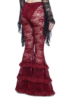 kiss me in the dark. These pants have a stretchy lace construction, flare pants with a layered ruffled bottom, and a built-in panty. Red Dolls, Vampire Goth, Halloween Items, Halloween Sale, Lace Ruffle, Kiss Me, Gothic Fashion, Dolls Kill, Exclusive Collection