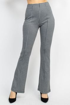 Imported S.M.L A knit pair of bell-bottom pants in a houndstooth pattern featuring a high waist, princess seams, fit and flare, and a full length. 85% Polyester 12% Rayon 3% Spandex  Black/White  IRI Plaid Bell Bottom Pants Item Measurements: SIZE S Measurements: SIZE S Inseam:30" Length:41" Hips:34" Rise:10" Fashion Forward Outfits, White Houndstooth, Bell Bottom Pants, Princess Seams, Houndstooth Pattern, Bell Bottom, Princess Seam, Black And White Colour, Indigo Blue