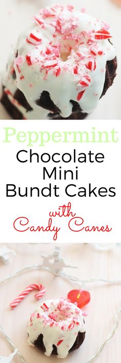 peppermint chocolate mini bundt cakes with white frosting and candy canes