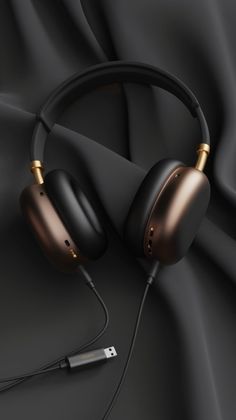 an image of headphones laying on a black cloth with gold accents and wires attached to the headset