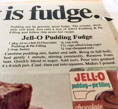 an advertisement for jell - o pudding fudge is shown in the news paper