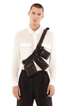 JONNY COTA accessories OS ARMY BELT BAG IN BLACK Army Belt, Leather Utility Belt, Multi Pocket Bag, Holster Bag, Tonal Embroidery, Suspender Clips, Cyberpunk Fashion, Nickel Metal, Utility Belt