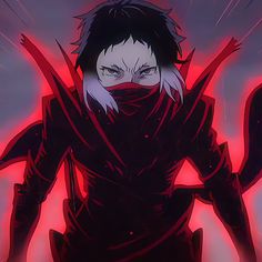 an anime character with white hair wearing a red mask and black outfit, standing in front of a dark background