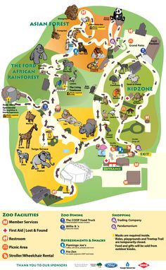 the zoo map is shown with animals and other things to see in this area on it