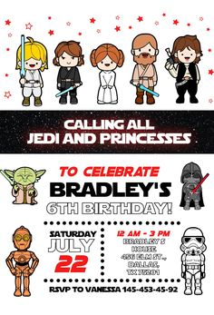 star wars birthday party flyer with cartoon characters