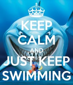 a shark with a crown on it's head and the words keep calm and just keep swimming