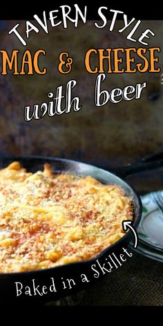 an image of mac and cheese with beer baked in a skillet