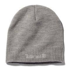 Top off your fall style with this soft winter beanie, featuring a double layer for warmth and an embroidered Timberland logo on the cuff | Timberland Men's Knit Logo Beanie in Light Grey Heather Casual Beanie With Embroidered Logo For Winter, Casual Embroidered Logo Beanie For Winter, Basic Beanie Hat For Fall, Basic Fall Beanie Hat, Classic Beanie With Embroidered Logo, Gray Beanie For Cold Weather In Fall, Gray Fall Beanie For Cold Weather, Classic Cotton Winter Hat, Winter Beanie With Embroidered Logo