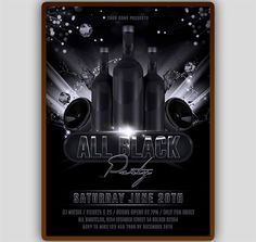 an all black party flyer with speakers and bottles