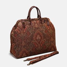 Damask D. Brown Men's Carpetbag Carpetbag of America Luxury Bag For Daily Use, Designer Bags With Leather Handles For Daily Use, Designer Double Handle Shoulder Bag For Travel, Luxury Brown Rectangular Bag, Luxury Coated Canvas Shoulder Satchel, Luxury Coated Canvas Rectangular Shoulder Bag, Designer Top Handle Travel Bag For Daily Use, Designer Travel Bag With Top Handle For Daily Use, Luxury Coated Canvas Rectangular Satchel