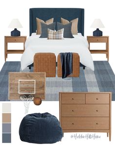 a bedroom is shown with blue and brown accents, including a bed, nightstands, ottoman