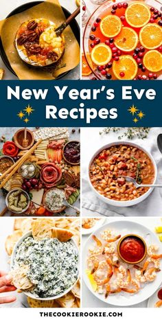 new year's eve recipe collage with oranges and other food on plates