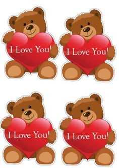 four stickers with teddy bears holding heart shaped hearts in the shape of i love you