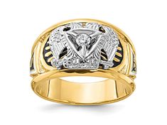 10K two-tone gold black and white enameled 32nd Scottish Rite Masonic men's ring with a single 0.103 cttw, I2 clarity round diamond. Has polished and textured finish. Band width measures approximately 3/16". Masonic Ring, Broken Chain, Pearl Strands, Men's Ring, White Enamel, Cultured Pearls, Diamond Gemstone, Gold Material, Gold Black