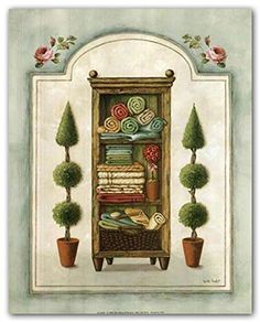 a painting of a book shelf with towels and other items on it, surrounded by potted plants