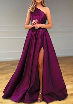 [$128.00] A-line One-Shoulder Satin Prom Dress With Pleated Split Glitter Prom Dresses, Elegant Prom Dresses, Evening Gowns Elegant, Party Kleidung, Cute Spring Outfits, Classic Style Women, Satin Prom Dress, Edgy Style, Formal Evening Dresses