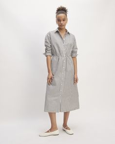 Meet the Supima® Cotton Long-Sleeve Shirt Dress. This piece features a relaxed fit with self-fabric drawcord at waist for easy adjustability, midi length, classic collar, on seam pockets, and long sleeves in Supima® cotton. Spring Relaxed Fit Shirt Dress With Tie Waist, Spring Shirt Dress With Tie Waist And Relaxed Fit, Relaxed Fit Midi Shirt Dress For Work, Cotton Long Sleeve Shirt Dress With Tie Waist, Cotton Shirt Dress With Tie Waist And Long Sleeves, Relaxed Fit Collared Midi Dress For Daywear, Relaxed Fit Shirt Dress With Tie Waist For Daywear, Classic Relaxed Fit Midi Dress For Daywear, Classic Relaxed Fit Midi Dress For Spring