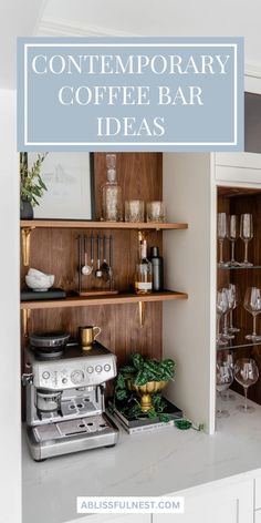 a kitchen counter topped with lots of shelves filled with cups and glasses on top of it