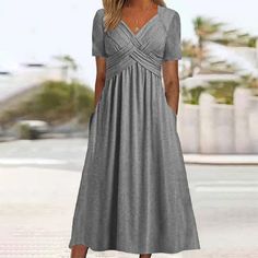 Olivia Mark - Short-Sleeve Monochrome Maxi Dress Beach Dresses Summer Casual, Neckline Pattern, Cotton Long Dress, Beach Dresses Summer, Elegant Maxi Dress, Breezy Dress, Special Dresses, Vestidos Vintage, Midi Short Sleeve Dress