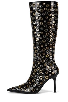 HOLEY YYH Black Crinkle Patent Combo 6 Upcycle Shoes, Boots 2024, Ethiopian Opal Ring, Platform Flats, Stiletto Boots, Shoe Closet, Fashion Tips For Women, Knee High Boots, Knee High