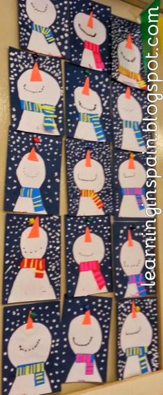 several snowmen with hats and scarfs on them are arranged in the shape of small cards