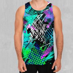 Electric Avenue Men's Tank Top | Festival Tank Top | Rave Tank Top | - Azimuth Clothing Printed Sports Tops For Summer, Summer Sports Tops With Prints, Summer Sports Printed Tops, Green Printed Sleeveless Tank Top, Sporty Sleeveless Multicolor Tops, Printed Tank Top For Streetwear, Blue Tank Top For Summer Streetwear, Summer Blue Streetwear Tank Top, Printed Sleeveless Tank Top For Streetwear