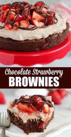 chocolate strawberry brownies are topped with whipped cream and drizzled with chocolate