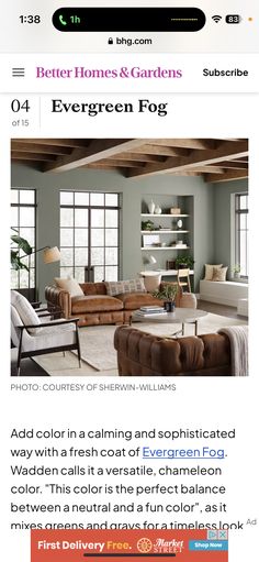 a living room with couches and chairs on the front page, which is featured in better homes & gardens magazine