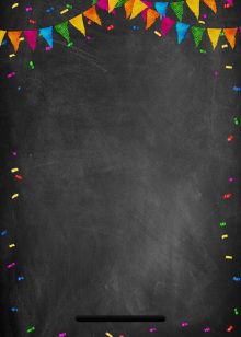 a chalkboard with colorful party streamers and confetti on the bottom corner