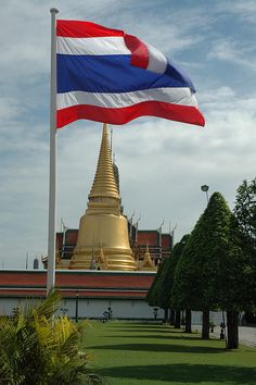 there is a flag flying in front of a large gold building with a red, white and blue stripe on it