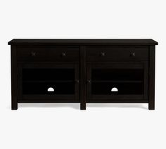 the sideboard is black and has two drawers on one side, and an open drawer on the other