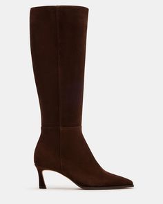 Elevate your style with LUCID - a sleek, knee-high boot featuring a trendy kitten heel and a pointed toe for a sophisticated touch. Perfect for pairing with any outfit, this boot will add a touch of elegance to your wardrobe. 2.25 inch heel height Size 6 measurements: 14.5 inch shaft circumference, 15.25 inch shaft height Size 8 measurements: 15.25 inch shaft circumference, 16.25 inch shaft height Size 10 measurements: 16 inch shaft circumference, 17.25 inch shaft height Suede upper material Textile and synthetic lining Synthetic sock Synthetic sole Imported Chocolate Brown Knee High Boots, Brown Suede Boots Outfit, Boots For Petite Women, Suede Boots Outfit, Suede Knee High Boots, Kitten Heel Boots, Brown Knee High Boots, Fall Closet, Tall Brown Boots