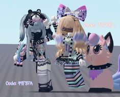 three cartoon dolls are standing next to each other