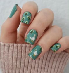 Fall Animal Nails, Early Fall Nails 2024, Woodland Nails, Studio Ghibli Nail Art, Dino Nails, Dinosaur Nails, Early Fall Nail Colors, Boujee Nails, Cute Ducks