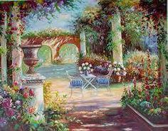 a painting of a garden with flowers and chairs