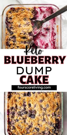 blueberry dump cake in a glass dish with a spoon and title text overlay