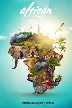 an image of the african continent with animals and trees on it's head, surrounded by clouds