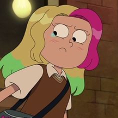 a cartoon girl with pink hair and green eyes is holding a bag in her hand