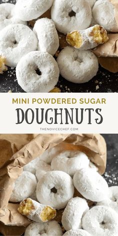 mini powdered sugar doughnuts in a brown paper bag on a black surface