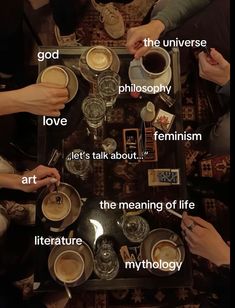 people sitting at a table with coffee cups and saucers on it, all labeled in different languages