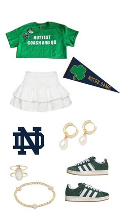 a green shirt, white skirt and shoes are arranged in the shape of an irish flag