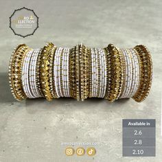 Elegant gold and white bangles set, ideal for Indian weddings and parties, premium bridal jewelry for brides White Gold Pakistani Jewelry, Pakistani Bridal Jewelry Bangles, White Bangles, Graceful Style, Bali Earrings, Wedding Costumes, Bridal Bangles, Pakistani Jewelry, Indian Weddings