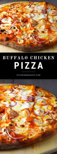 two pizzas sitting on top of a wooden cutting board with the words buffalo chicken pizza