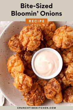 a white plate topped with tater tots covered in ranch sauce and the words bite - sized bloomin'onions recipe