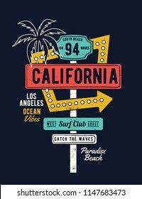 the california sign with palm trees and street signs in retro style on a dark background