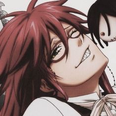 an anime character with long red hair and a creepy look on his face next to another character