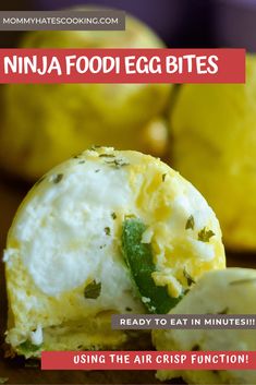 a close up of an egg in a muffin with the words ninja foodie bites on it